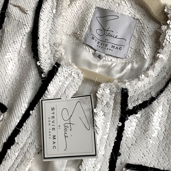 Stevie Mac 🖤🤍NYC Hand Made Couture Like White Sequin Blazer Black Fringe Trim - Picture 7 of 15
